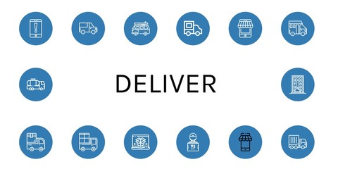 Set of deliver icons such as Mobile, Cargo truck, Van, Delivery truck, Delivery, Shipping and delivery, guy, Tank truck, Food , deliver