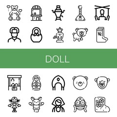 Set of doll icons such as Teddy, Russian, Claw machine, Matryoshka, Samovar, Balalaika, Bear, Puppet, Valenki, Doll, Matryoshka doll, Hand puppet, Kokoshnik, Faberge ,