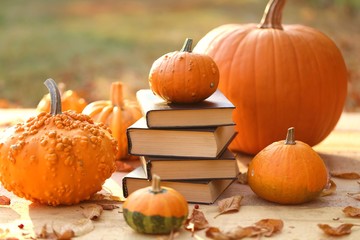 Autumn books. Halloween books. Stack of books  and orange pumpkins set on a wooden table on a blurry background in bright sunshine.Cozy autumn mood. 