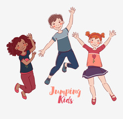 Happy kids jumping over white background. Happiness, childhood, and freedom concept