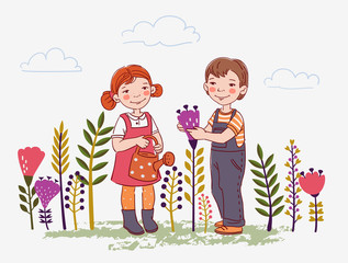 Cute boy and girl watering flowers in summer garden. Outdoor activities on vacation