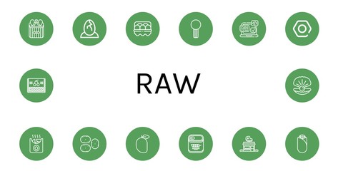 Set of raw icons such as Chicken leg, Eggs, Egg, Celery, Svg, Nut, Potatoes, Potato, Mango, Peas, Butcher shop, Corn, Cherry, Oyster , raw