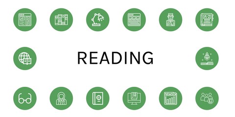 Set of reading icons such as Article, Book, Desk lamp, Student, Dictionary, Glasses, Newspaper, Encyclopedia , reading
