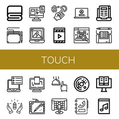 Set of touch icons such as Cover, Graphic tablet, Choose, Laptop, Fingerprint, Digital book, Ebook, Hands, Responsive, Hand, Interactive, Cell, Phone book, Music book , touch