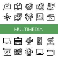 Set of multimedia icons such as Laptop, Samba, Virtual, Share, Typing, Clapperboard, Televisions, Dvd player, Cinema, Cinema camera, Music player, Film strip, Film camera , multimedia