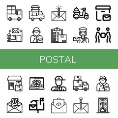 Set of postal icons such as Delivery, Post office, Food delivery, Postman, Envelope, Postwoman, Postal delivery, Mail, Shipping and Mailbox, Deliveryman , postal