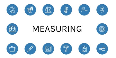 Set of measuring icons such as Climate change, Test tube, Thermometer, Measuring tape, Pot, Stabilizer, Sugar blood level, Cooking pot, Barometer , measuring