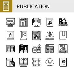Set of publication icons such as Book, News, Newspaper, Music book, Catalog, Article, Books , publication