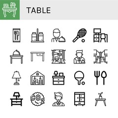 Set of table icons such as Coffee table, Cutlery, Salt and pepper, Waiter, Tennis, Desk, Table, Director, Office desk, lamp, Home office, Bedside Ping pong ,