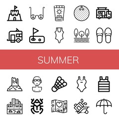 Set of summer icons such as Sand castle, Caravan, Sunglasses, Golf, Sunscreen, Swimsuit, Coconut, Tree, Slippers, Valley rocks, Pattaya, Swimmer, Beetle, Shuttlecock , summer