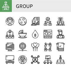 Set of group icons such as Eyewitness, Man, Chocolate chip, Individual, Connection, Team, Network, Cradle, Blood type, Video web, Chart, Balloon, Towel, Tv set, User, Organization , group
