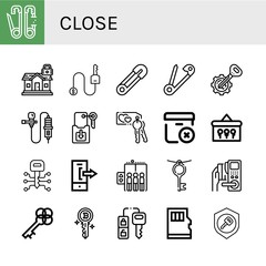 Set of close icons such as Safety pin, Padlock, Key, Lavalier, Delete package, Keys, Logout, Elevator, Car key, Micro sd , close