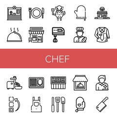 Set of chef icons such as Restaurant, Cloche, Cafe, Chef, Electric mixer, Oven mitt, Baker, Uniform, Mincer, Menu, Meal, Apron, Buffet, Kitchen tools, Waitress, Cleaver , chef