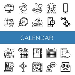 Set of calendar icons such as Wedding, hours, Romantic, Clock, Paper lamp, Constellation, Time management, Calendar, Agenda, Valentines day, Contact us, Diet, Invitation , calendar