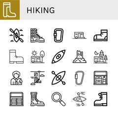 Set of hiking icons such as Boots, Kayak, Boot, Carabiner, Camping, Snow boots, Valley rocks, Tour guide, Zip line, Thermo bag, Active , hiking