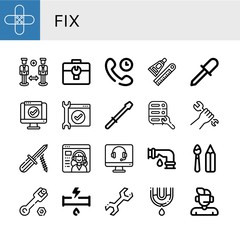 Set of fix icons such as Band aid, Support, Toolbox, Technical Support, Glue, Screwdriver, Service, Maintenance, Wrench, Leak, Paint tools, Broken pipe , fix