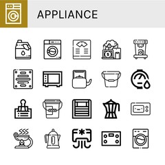 Set of appliance icons such as Washing machine, Cleaner, Bathroom scale, Devices, Coffee machine, Extractor, Microwave, Kettle, Bucket, Water heater, Clip, Heater , appliance