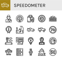 Set of speedometer icons such as Racing car, Mechanic, Dashboard, Pedal, Barometer, High score, Gauge, Racing, Speed limit, Auto, Racer, Speedometer, Shift stick , speedometer