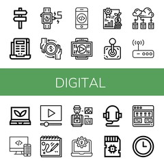 Set of digital icons such as Signaling, Laptop, Smartwatch, Transaction, Code, Video, Analytics, Joystick, Cloud computing, Router, Smart greenhouse, Video marketing , digital