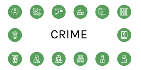 Set of crime icons such as Thief, Cyber attack, Cctv, Police car, Hacker, Jail, Trench coat, Criminal, Judge, Policeman, Scale, Cop, Law , crime