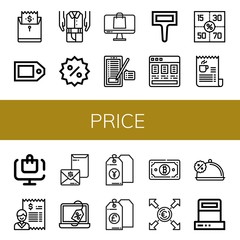 Set of price icons such as Bill, Price tag, Second hand, Discount, Ecommerce, Sign, Label, Price list, Coupons, Online order, Invoice, Euro, Scanner ,
