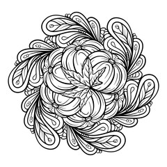 Black and white autumn ornament. Pumpkins and autumn floral motifs coloring page