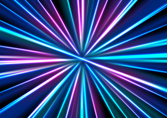 Blue purple neon glowing tech rays. Vector design of abstract smooth stripes beams. Futuristic background