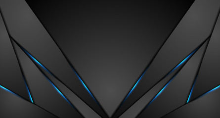Black abstract corporate graphic design with blue glowing light. Technology concept background. Vector illustration © saicle