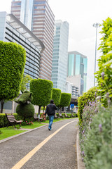 Fototapeta premium Man walking in the park and some buildings