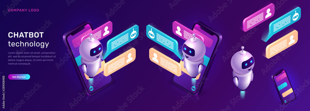 Poster chatbot technology, isometric concept vector illustration. website landing page with mobile phone, a