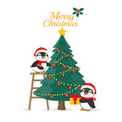 Merry Christmas card. Cute Penguin wearing Santa Claus hat