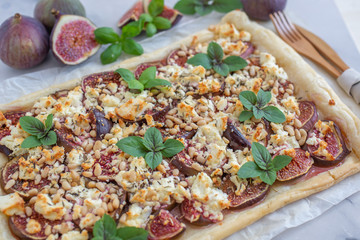 healthy home made tart with figs, herbs and cheese