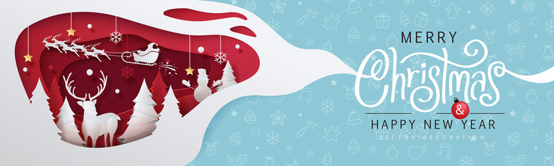Merry Christmas and Happy New Year background Art paper and crafts for Greeting cards banner.Merry Christmas vector text Calligraphic Lettering Vector illustration.