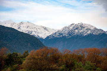 Snow mountain scenery in Okarito, New Zealand