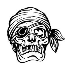 Skull. Pirate skull hand drawn vector illustration. Skull with eye patch and headband sketch drawing. Part of set.