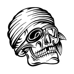 Skull. Pirate skull hand drawn vector illustration. Skull with eye patch and headband sketch drawing. Part of set.