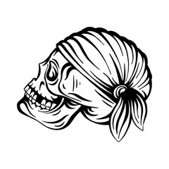 Skull. Pirate skull hand drawn vector illustration. Skull with eye patch and headband sketch drawing. Part of set.