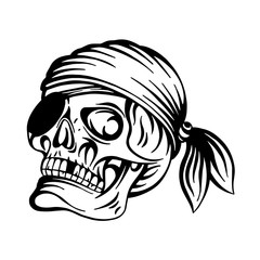 Skull. Pirate skull hand drawn vector illustration. Skull with eye patch and headband sketch drawing. Part of set.