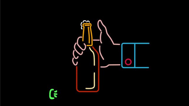 2d Animation motion graphics showing neon sign light signage lighting of hand opening beer bottle by flicking thumb blue screen in HD high definition done retro style.