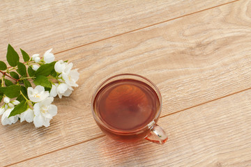 Glass cup of green tea with white jasmine flowers