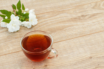 Glass cup of green tea with white jasmine flowers