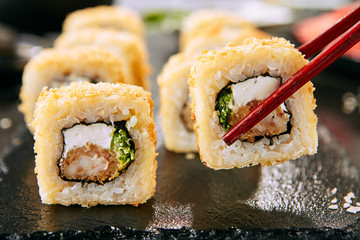 Crispy Ebi Tempura Maki Sushi Rolls or Uramaki with King Prawn