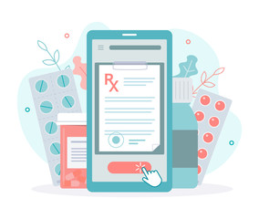 Getting a medical prescription online in one click from your smartphone. Medical concept. Flat vector illustration. - obrazy, fototapety, plakaty