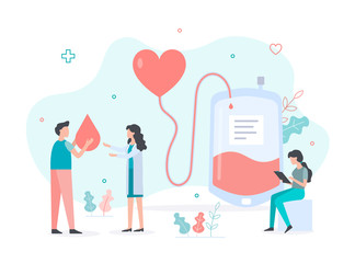 Little people are engaged in blood donation. Volunteer passes his blood to the nurse. Flat vector illustration.