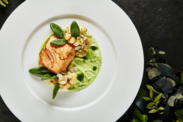 Exquisite Serving White Restaurant Plate with Fillet of Salmon 48 Degrees, Green Peas Cream and...