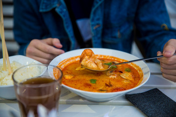 Tom Yam - sour spicy soup. A national dish of Laos and Thailand