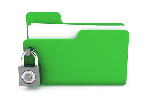 green folder with the lock isolated on white background. Data security concept. 3d render.