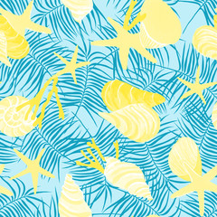 tropical seamless pattern of seashells of palm leaves on a blue background. yellow watercolor shells, summer beach print.