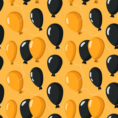 Seamless Halloween pattern with black and orange balloons on orange background for greeting card, gift box, wallpaper, fabric, web design. - 289013445