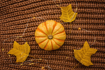 Autumn frame made of pumpkin and fallen leaves on brown knitted sweater. Fall, Halloween and Thanksgiving concept. Top view. Empty space for your text.